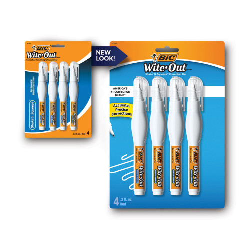 BIC Wite-Out Shake 'n Squeeze Correction Pen， 8 mL， White， 4/Pack (WOSQPP418)