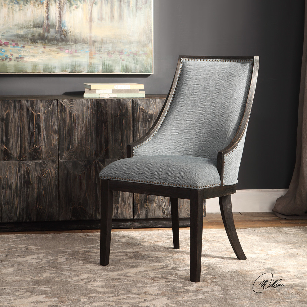 Luxe Chic Denim Dark Wood Accent Chair  Dining Side Light Blue Ebony Brass   Transitional   Dining Chairs   by My Swanky Home  Houzz