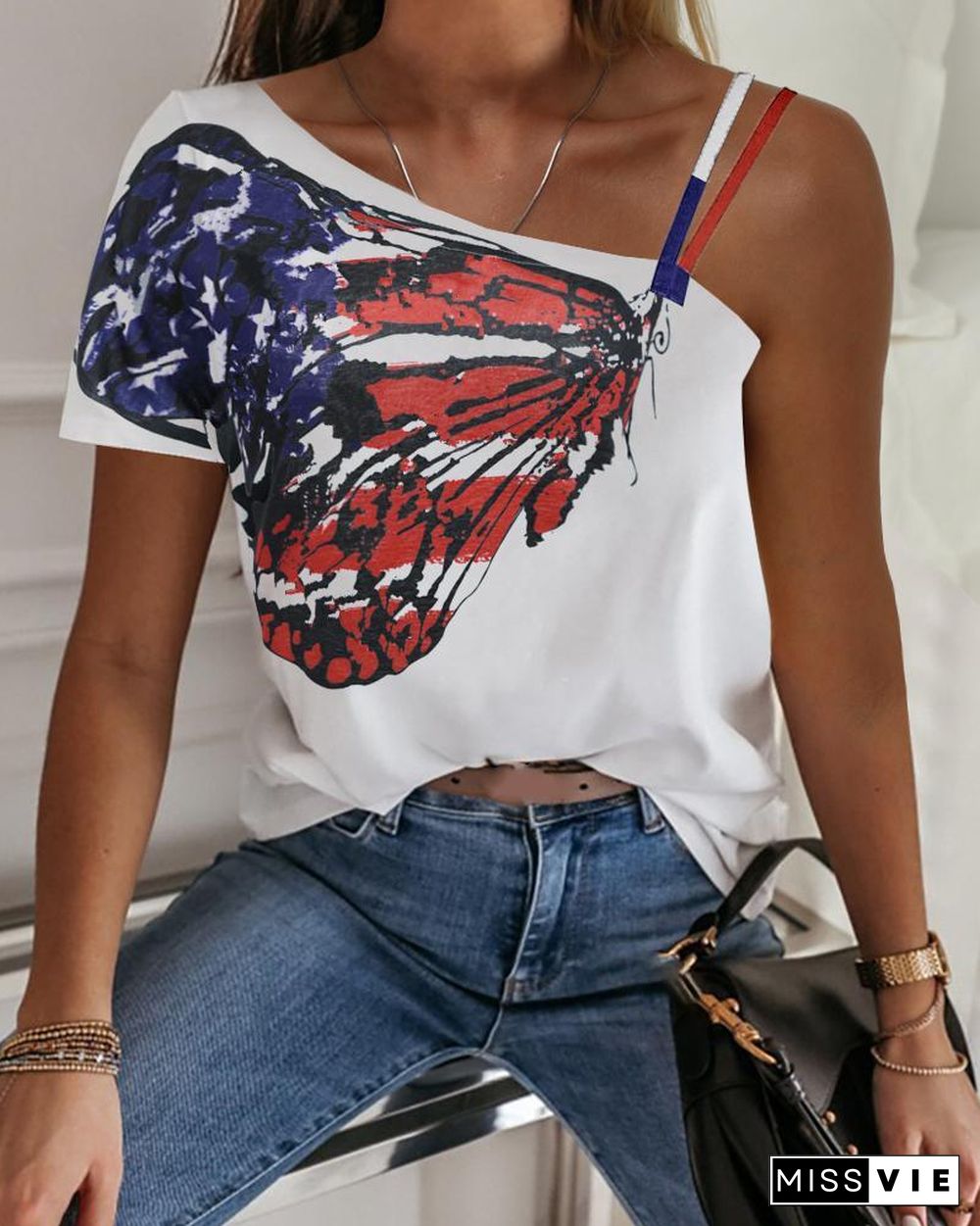 One Shoulder Butterfly Print Casual T-shirt P13715