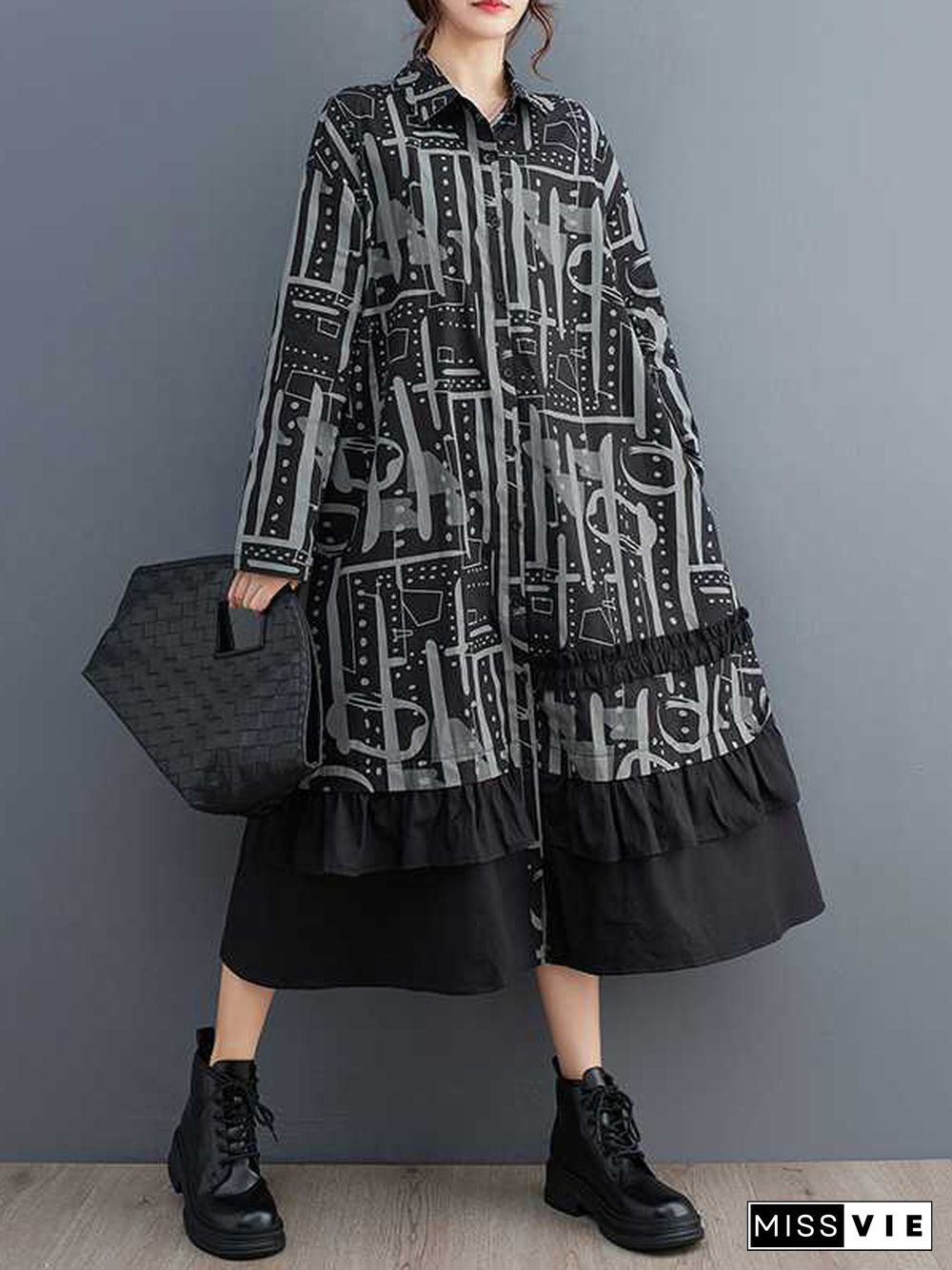 A-Line Long Sleeves Asymmetric Buttoned Printed Split-Joint Lapel Midi Dresses