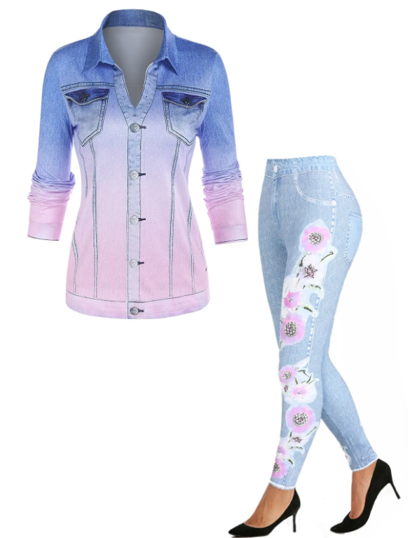 Ombre Denim 3D Print Long Sleeve Top And Flower Skinny Jeggings Outfit