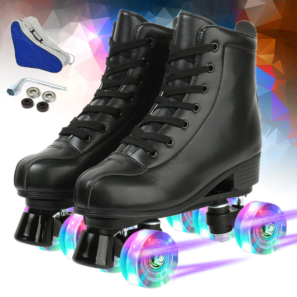 Roller Skates For Women Skates Lighting Flash Wheels Roller Skates High Top Soft Leather  Shiny Roller Skates For Beginners Indoor and Outdoor， Pure Black No Pattern， Size 8.5