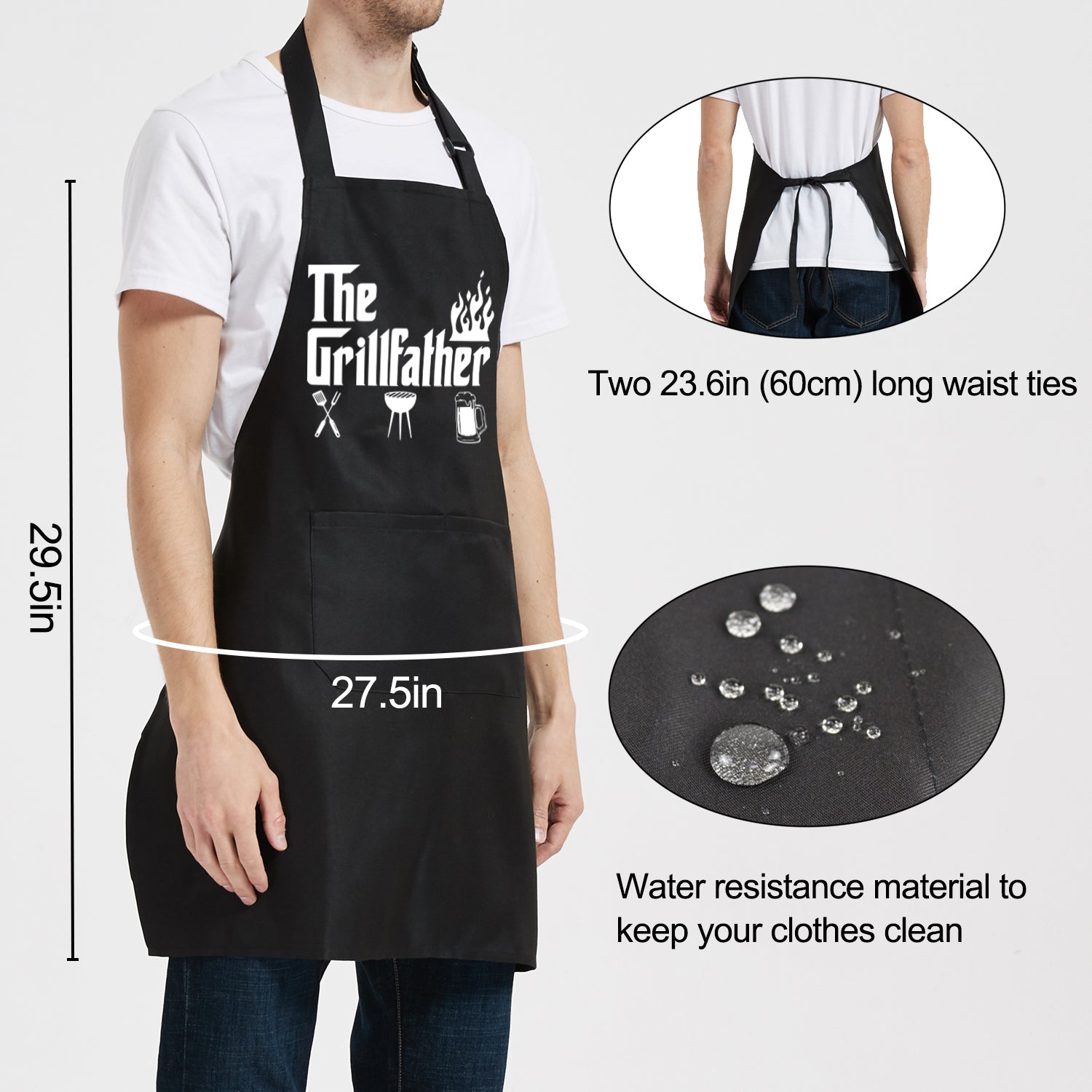 Funny Grilling Aprons for Men with Pockets， The Grillfather Kitchen Cooking BBQ Apron for Dad Man Husband， Grill Gifts for Birthday Christmas Thanksgiving