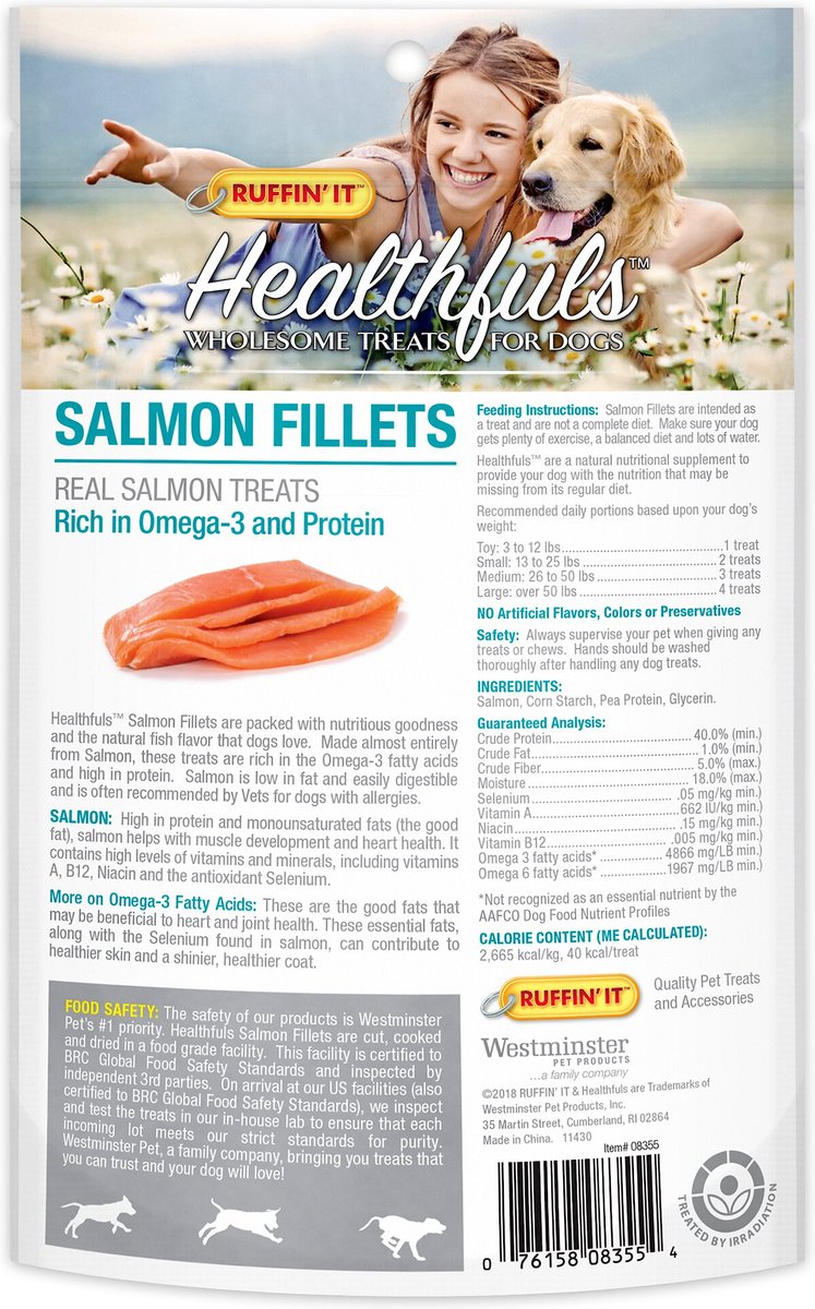 RUFFIN' IT Healthfuls Salmon Fillets Dog Treats， 3.5-oz bag