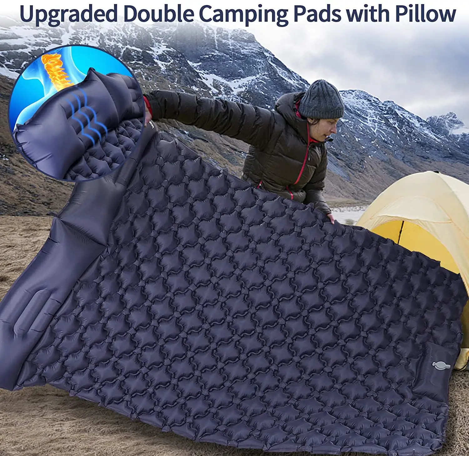 Double Camping Sleeping Pad Upgraded Foot Press Inflatable Camping Pads with Pillow Waterproof Comfy Air Mattresses for Tents