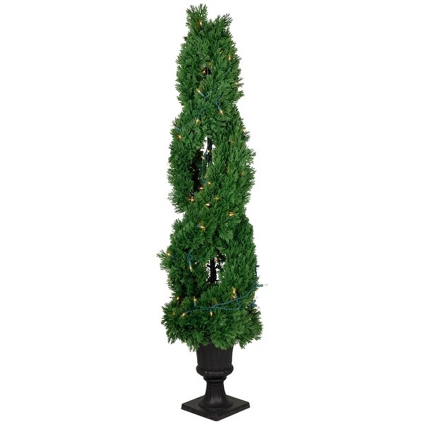 4.5' Artificial Cedar Double Spiral Topiary Tree Urn Pot Clear Lights