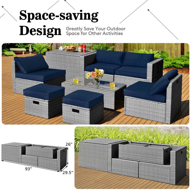 8 Pcs Rattan Patio Sectional Furniture Set Wicker Outdoor Cushioned Sofa Set with Storage Box & Waterproof Cover