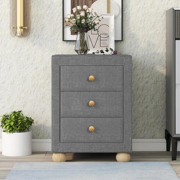 Upholstered Storage Nightstand with 3 Drawers and Natural Wood Knobs - - 36389189