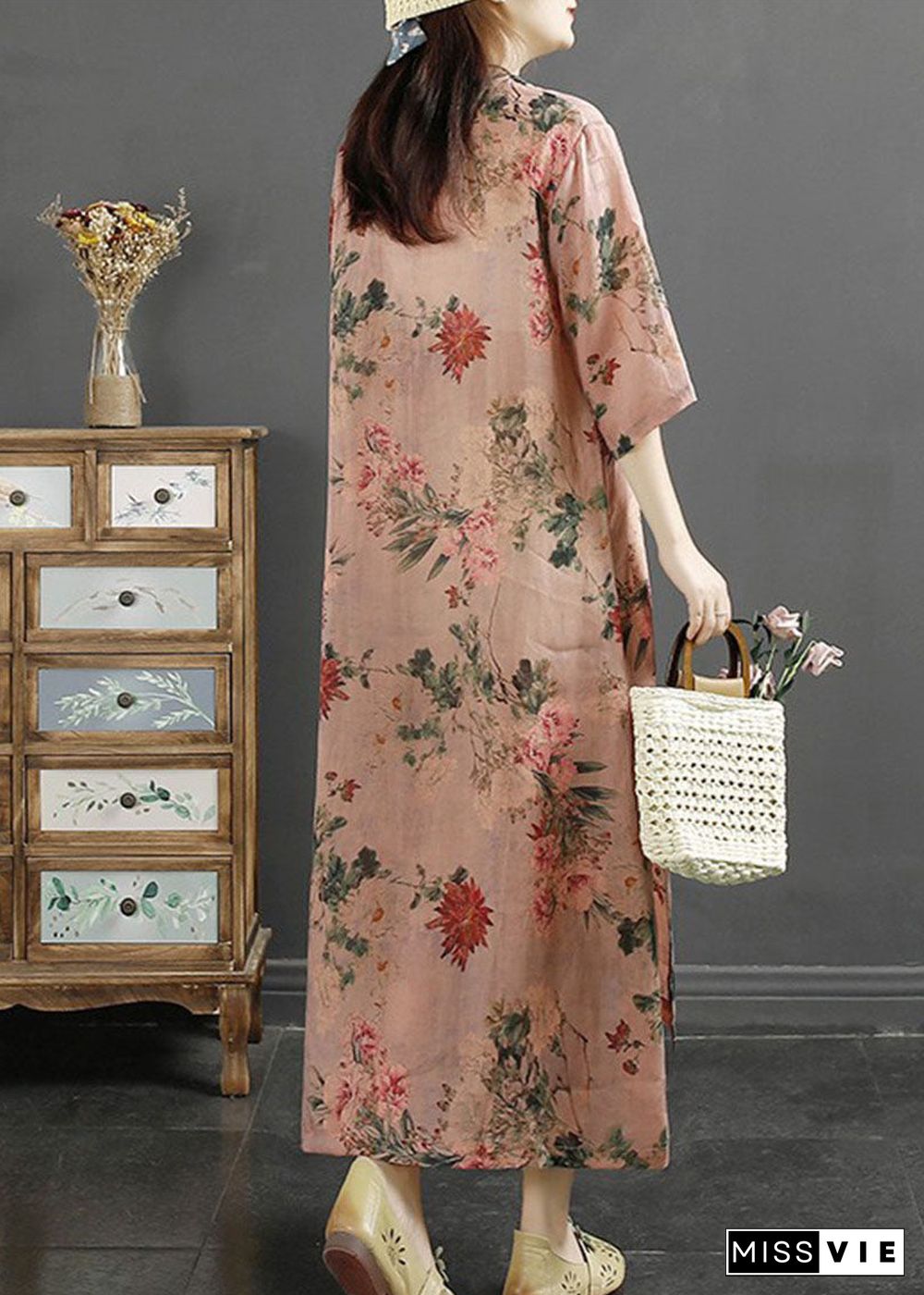 Vintage Pink Tasseled Print Patchwork Linen Dresses Summer