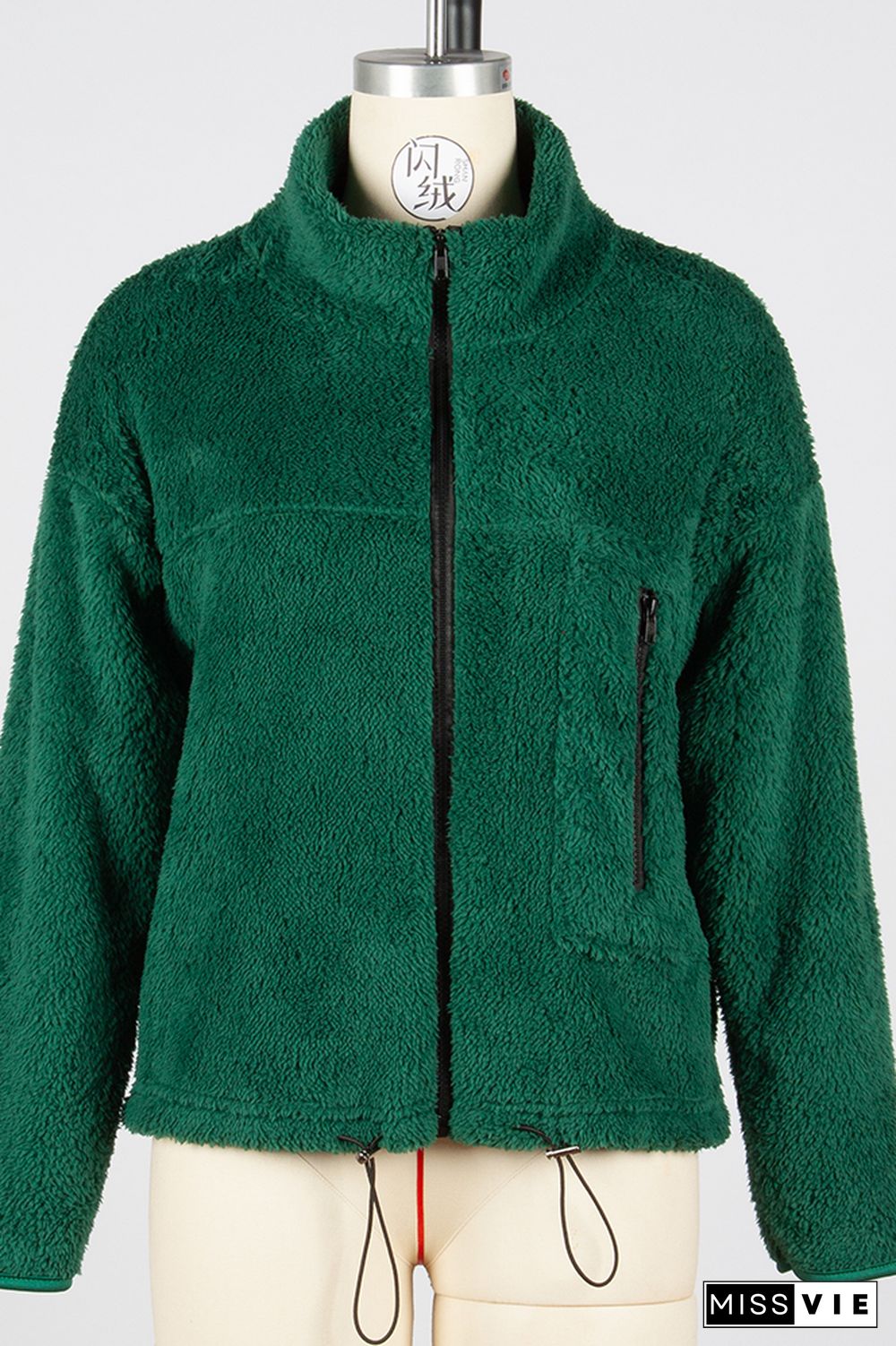 Dark Green Stand Collar Open Zipper Jackets