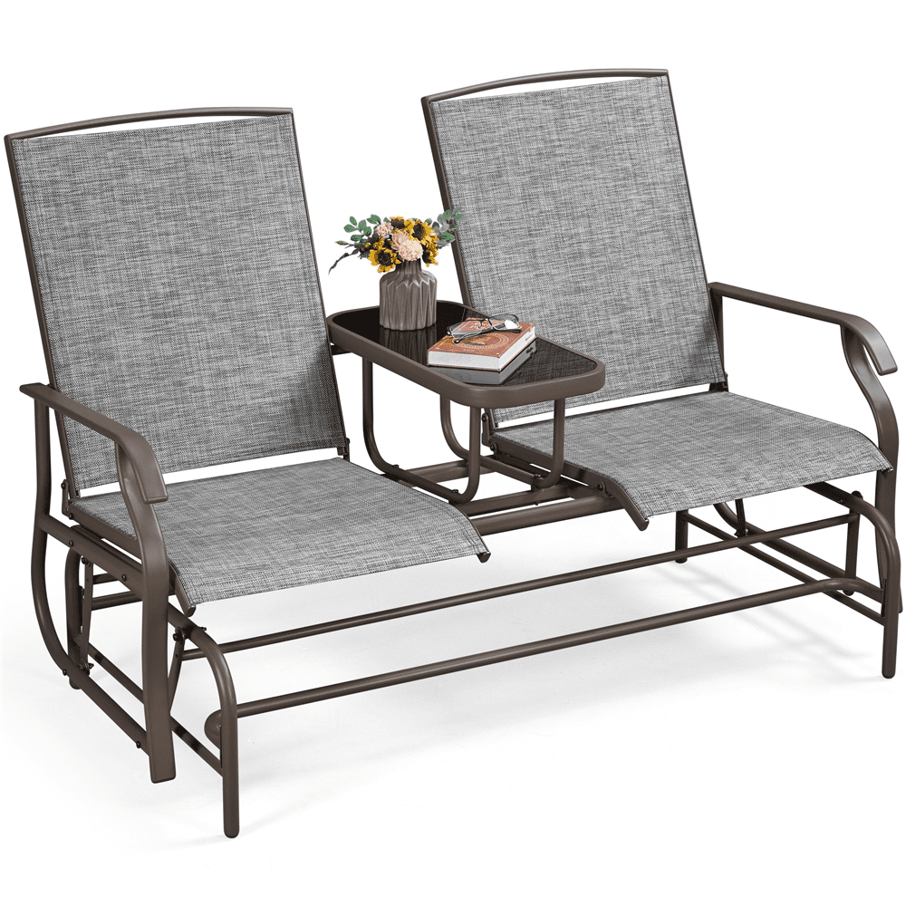 Topeakmart 2-Seater Outdoor Glider Bench with Tempered Glass Tabletop Texteline Fabric and Steel Construction, Gray