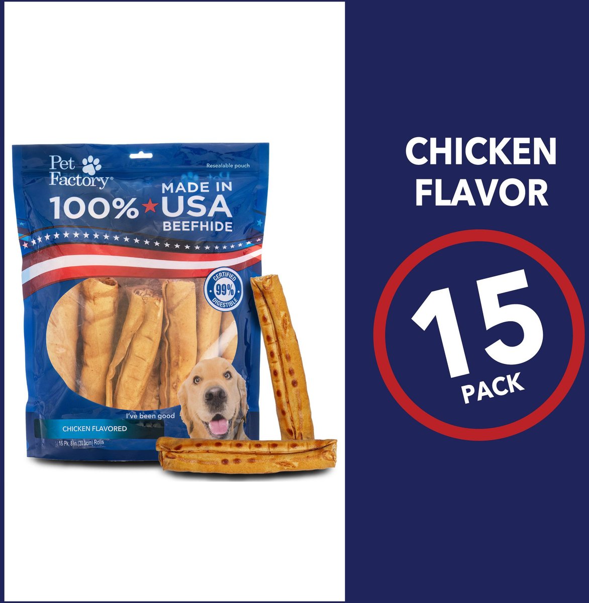 Pet Factory Beefhide 8-inch Rolls Chicken Flavored Dog Hard Chews， 15 count