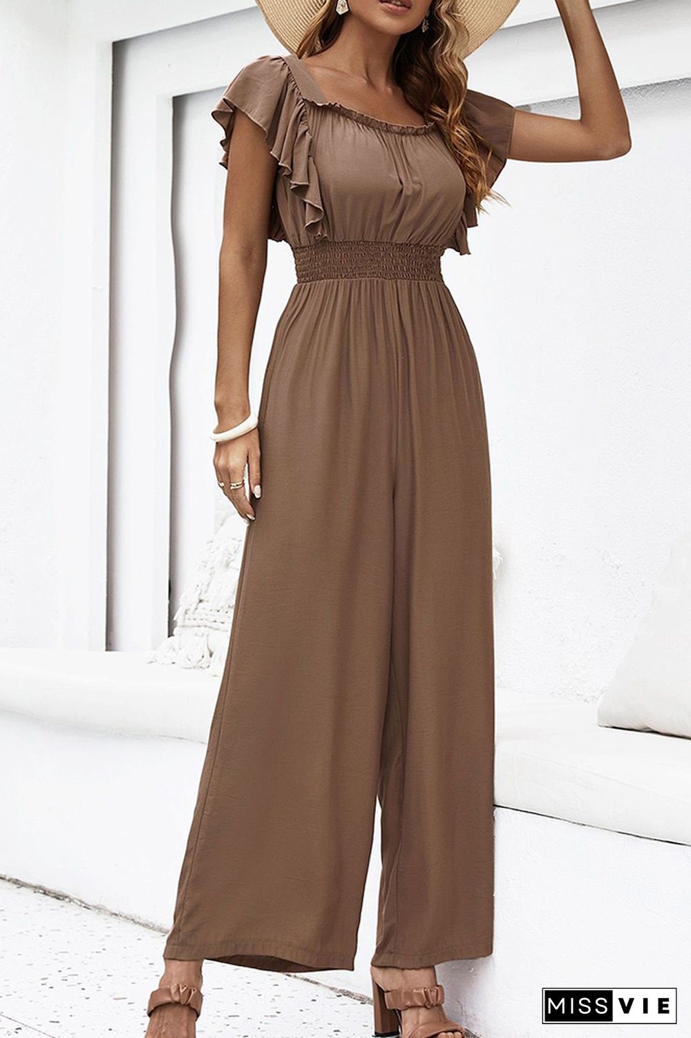 Solid Color Ruffle Long Wide Leg Jumpsuit Wholesale