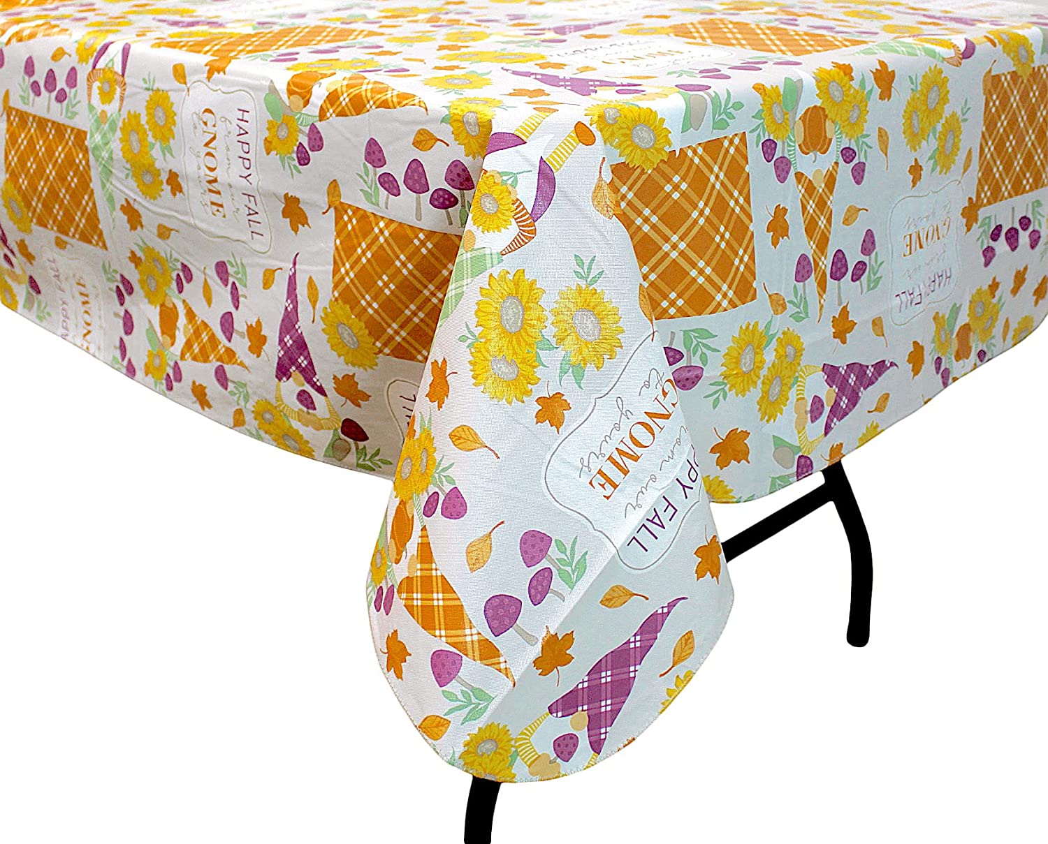 Fall Garden Gnomes Vinyl Flannel Back Tablecloth: Farmhouse Patchwork Country Harvest Pumpkin Sunflowers Orange Gingham Background， Happy Fall from Our Gnome to Yours (52 x 90 inch， Rectangle)