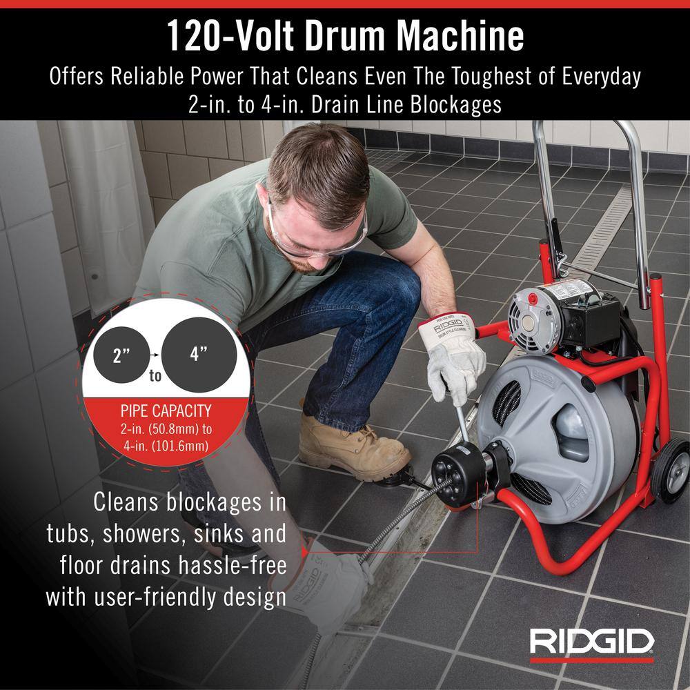 RIDGID K-400 AutoFeed Drain Cleaning Snake Auger 120-Volt Drum Machine and C-45IW 12 in. x 75 ft. Cable + Tool Set  Gloves 27013