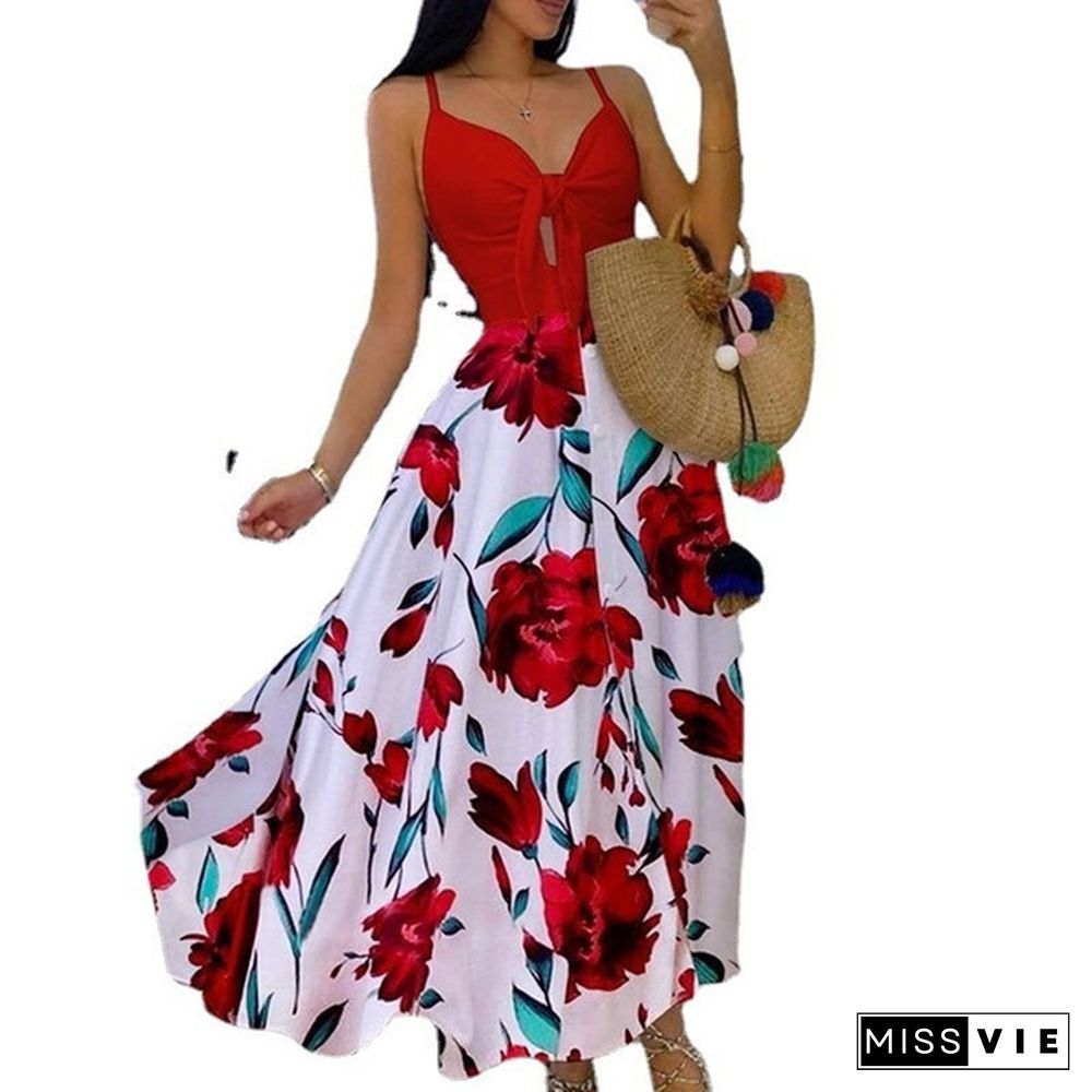 Women Fashion V-neck Tie Waist Floral Sling Dress Vacation Casual Long Skirt