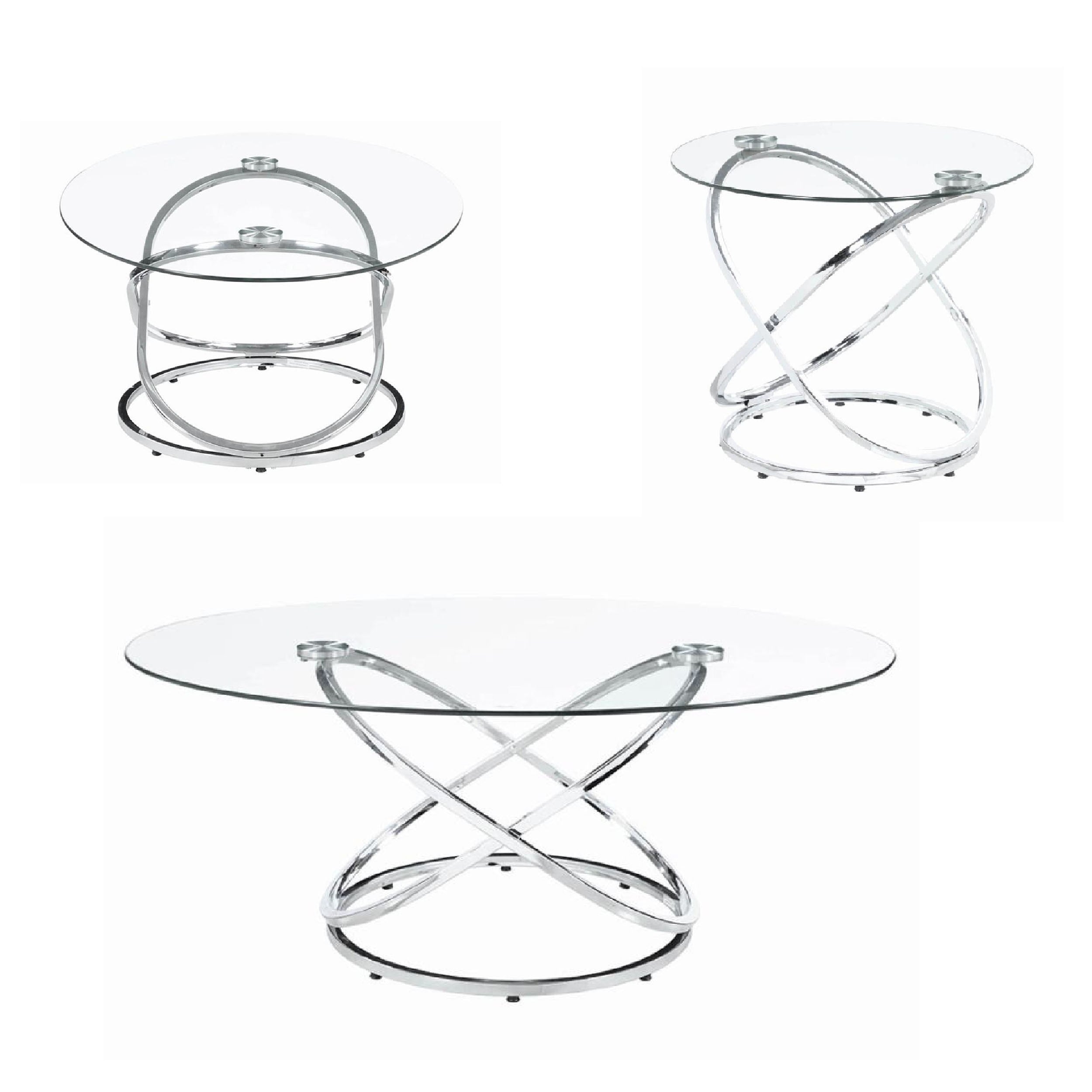 Modern 3 Piece Coffee Table Set with 2 End Tables， Glass Tabletop， Chrome