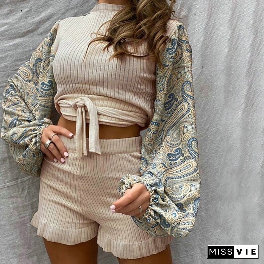 Cashmere Printed Women's Two-piece Suit Ladies Round Neck Slim Slimming Printed Lantern Sleeve Tie Shorts Two-piece Suit