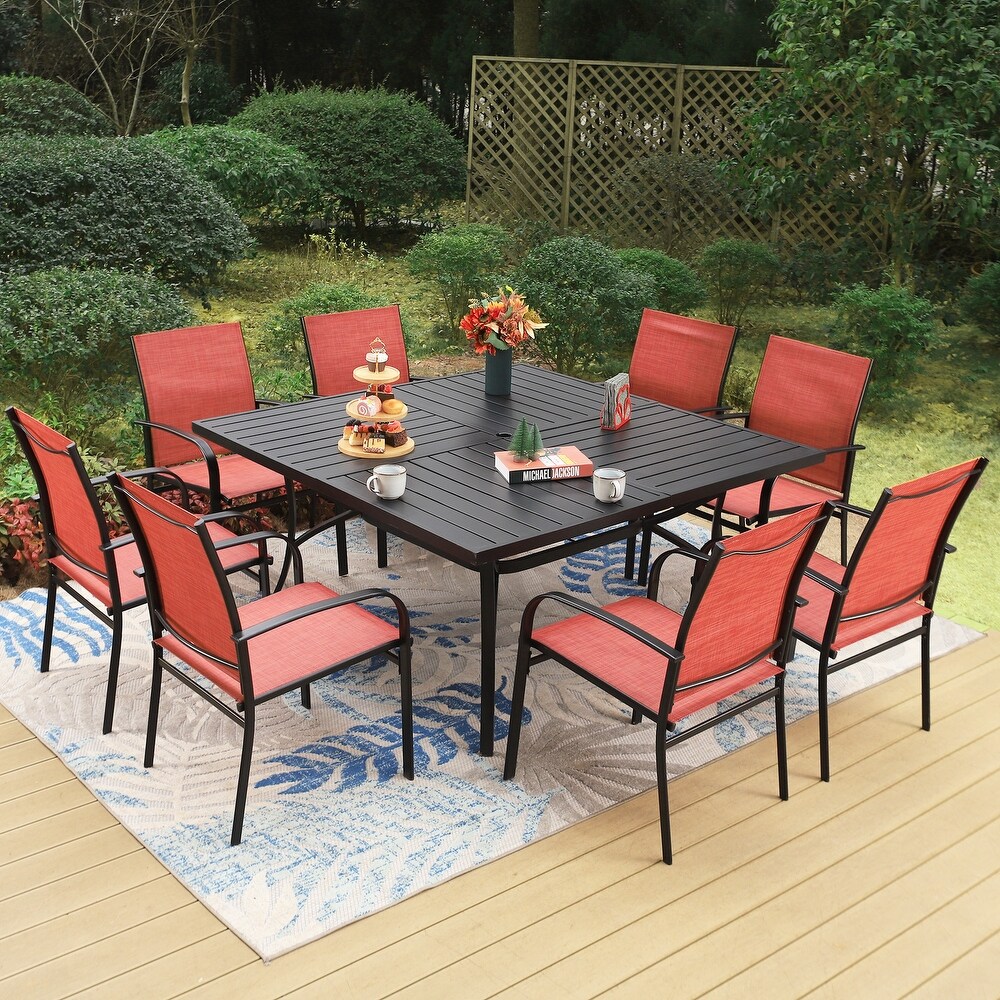 9 Piece Patio Dining Set  60 Inch Square Metal Table and 8 Textilene Dining Chairs