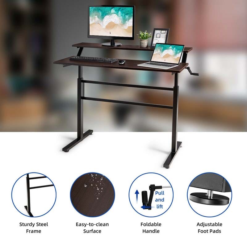 2-Tier Standing Desk, Height Adjustable Sit Stand Up Desk, Computer Desk Workstation with Monitor Stand & Foldable Crank Handle