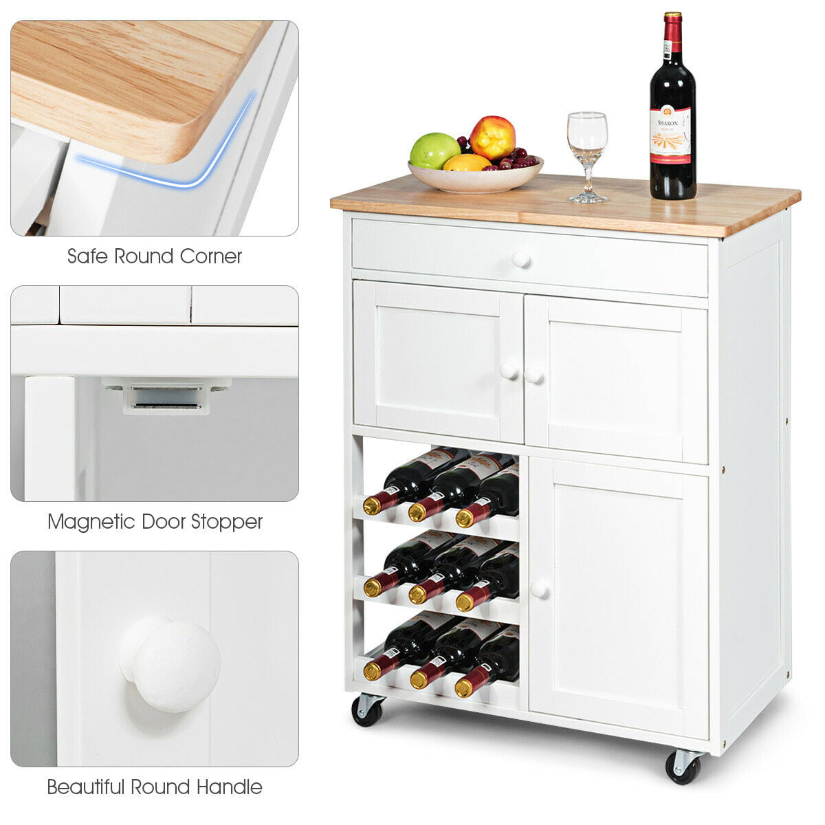 Gymax Modern Rolling Kitchen Cart Trolley Island Storage Cabinet w/DrawerandWine Rack