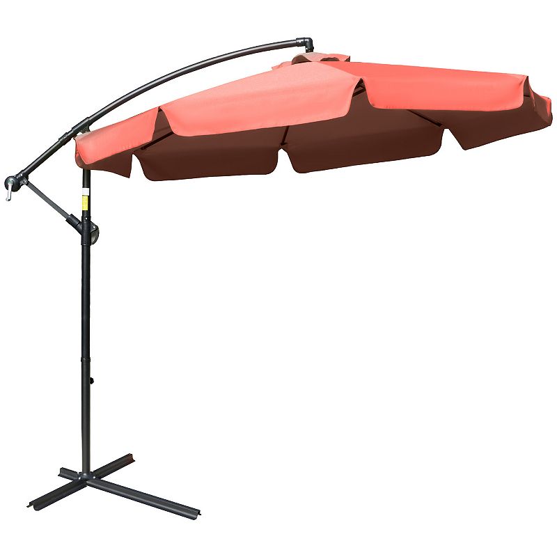 Outsunny 9' Offset Hanging Patio Umbrella， Cantilever Umbrella with Easy Tilt Adjustment， Cross Base and 8 Ribs for Backyard， Poolside， Lawn and Garden， Brown