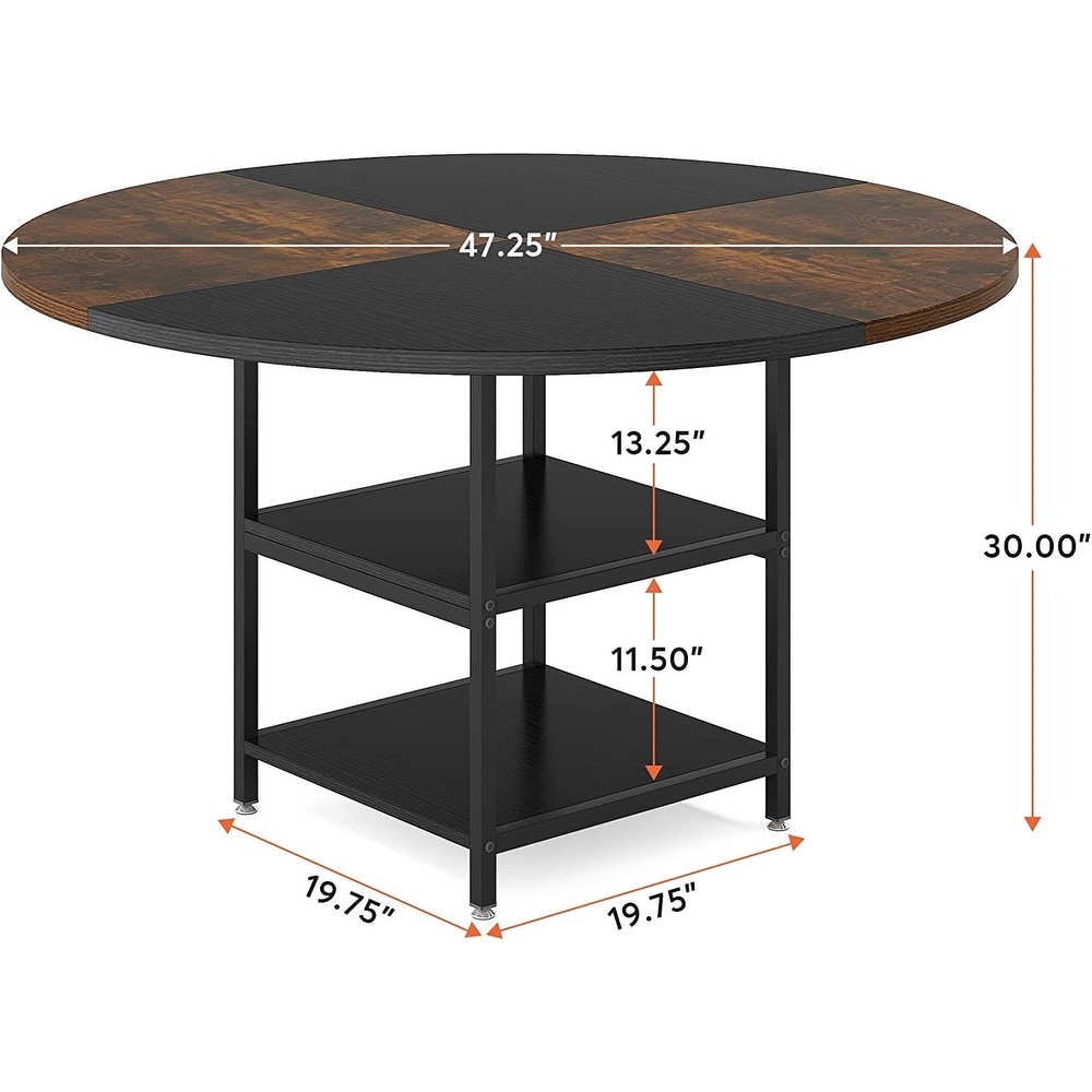 Round Dining Table with Storage Shelves for 4 Metal Legs Wood Table Top for Home Dining Room Living Room  Rustic Brown Black