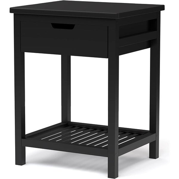 Modern Square End Table with Drawer and Open Shelf， Black