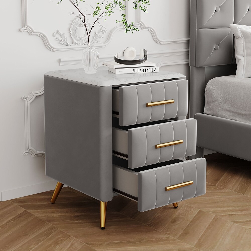 Wooden Upholstered Nightstand with 3 Drawers and Metal Legs Bedside Table