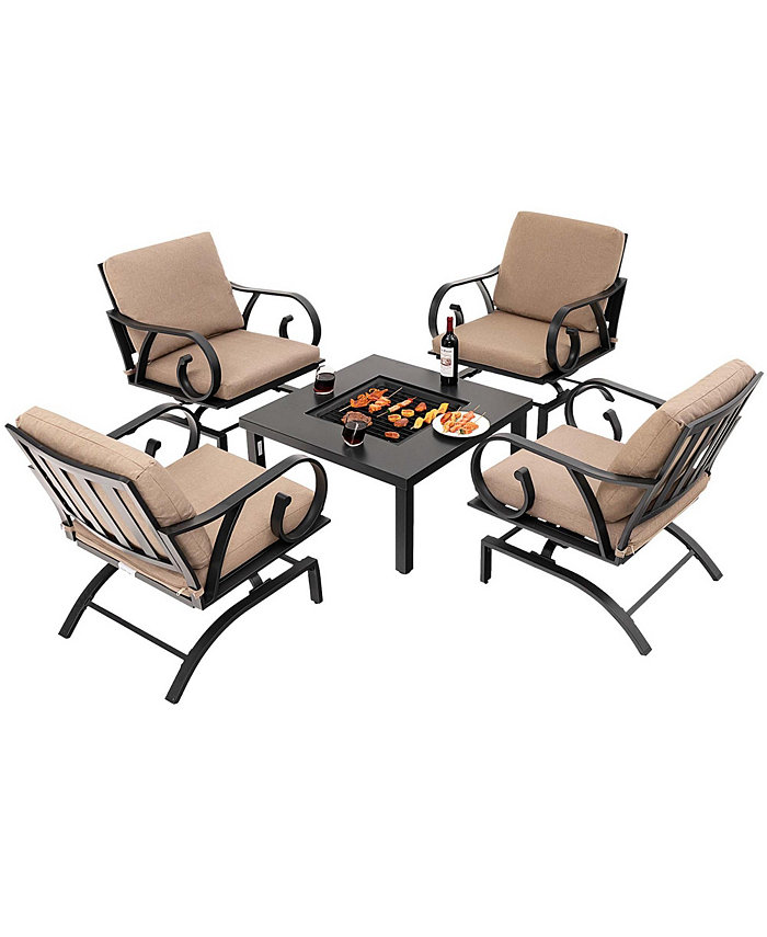 Costway 5pcs Patio Rocking Chairs 4-in-1 Fire Pit Table Heavy-Duty Conversation Outdoor