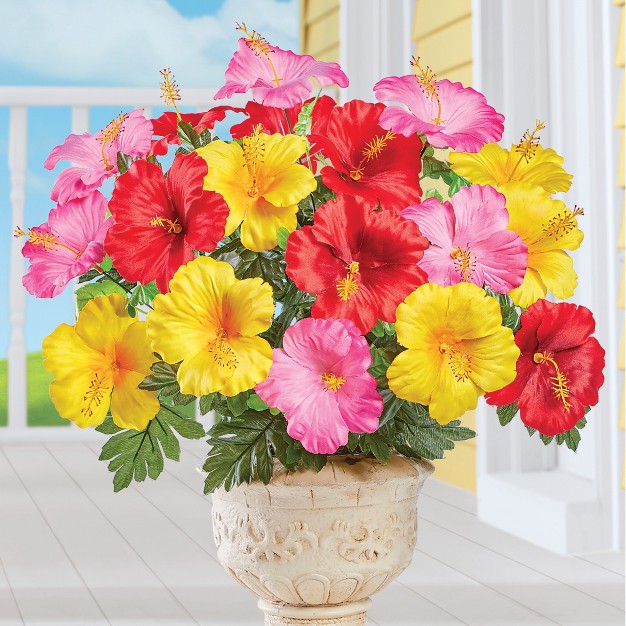 Collections Etc Bright Tropical Faux Hibiscus Bushes - Set Of 3， Outdoor Or Indoor Decorative Accent