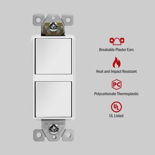 ENERLITES 15A 120V-277VAC Double Paddle Rocker Decorator Light Switch Single Pole ResidentialCommercial Grade in White (3-Pack) 62834-W-3PCS