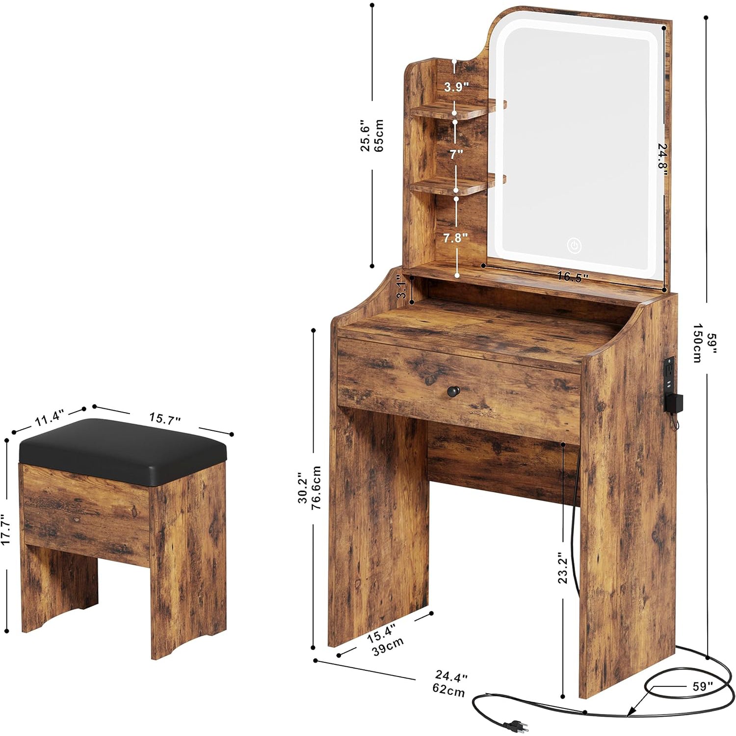 Makeup Vanity Desk with Upholstered Storage Stool Vanity Table Set with 1 Drawer, 3 Shelves, LED Light and USB Port