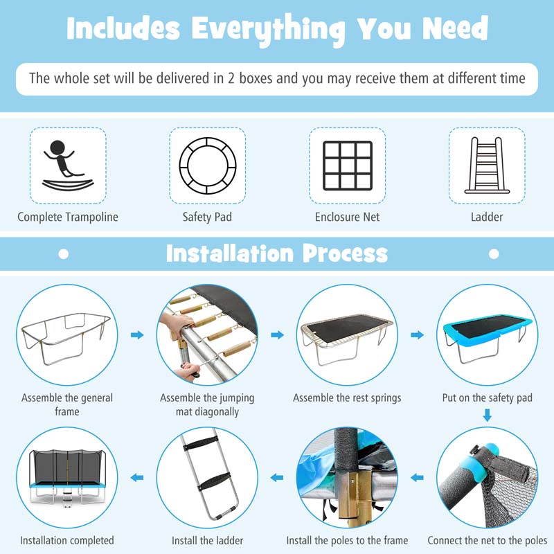 8 x 14 FT ASTM Certified Rectangular Trampoline with Safety Enclosure Net & Ladder
