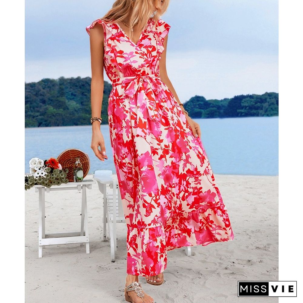 Elegant Floral Print Dress For Women Summer Dresses New Skinny V-Neck Short Flyer Sleeves Lace-up A-line Maxi Dress