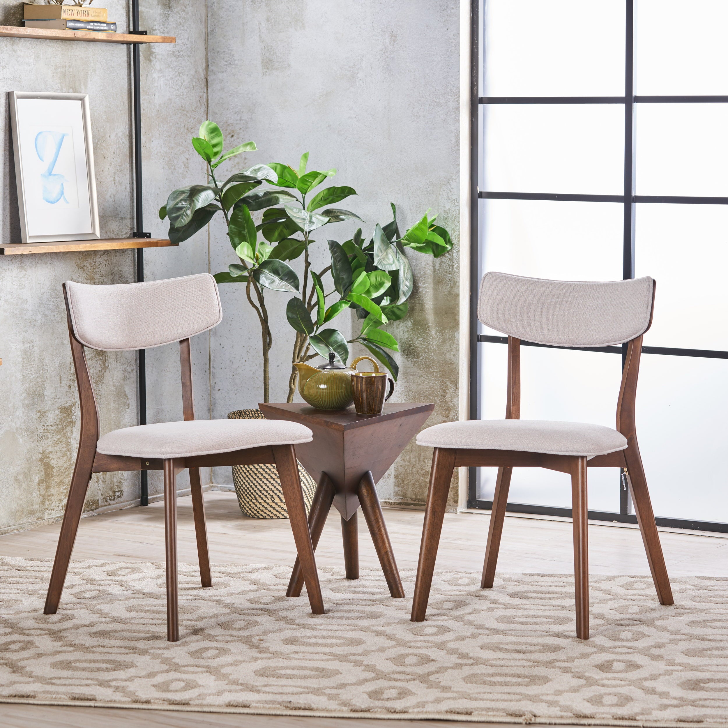 Noble House Sadie Indoor Mid-Century Fabric Dining Chairs， Set of 2， Beige， Walnut