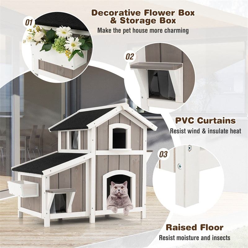 2-Story Outdoor Feral Cat House Weatherproof Wooden Kitty Shelter Pet House Habitat with Escape Door Removable Floor PVC Curtains Flower Box