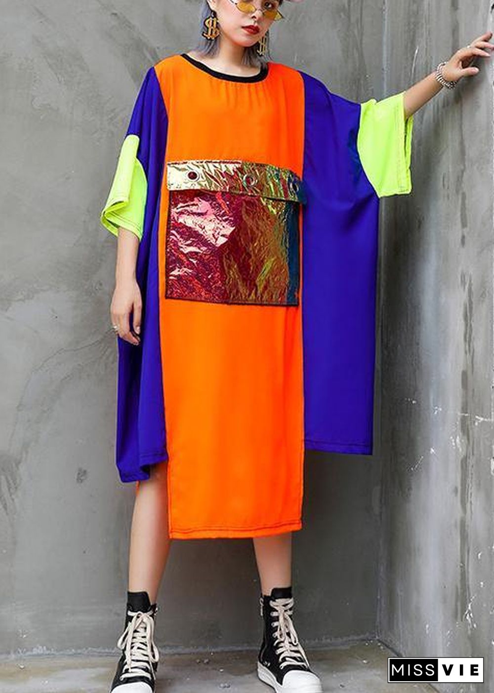 Unique orange blue patchwork chiffon For Women o neck asymmetric Maxi Summer Dress