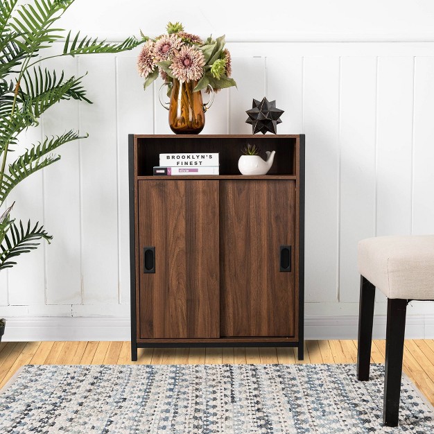 Wooden Metal Floor Cabinet With Double Sliding Doors Natural Glitzhome