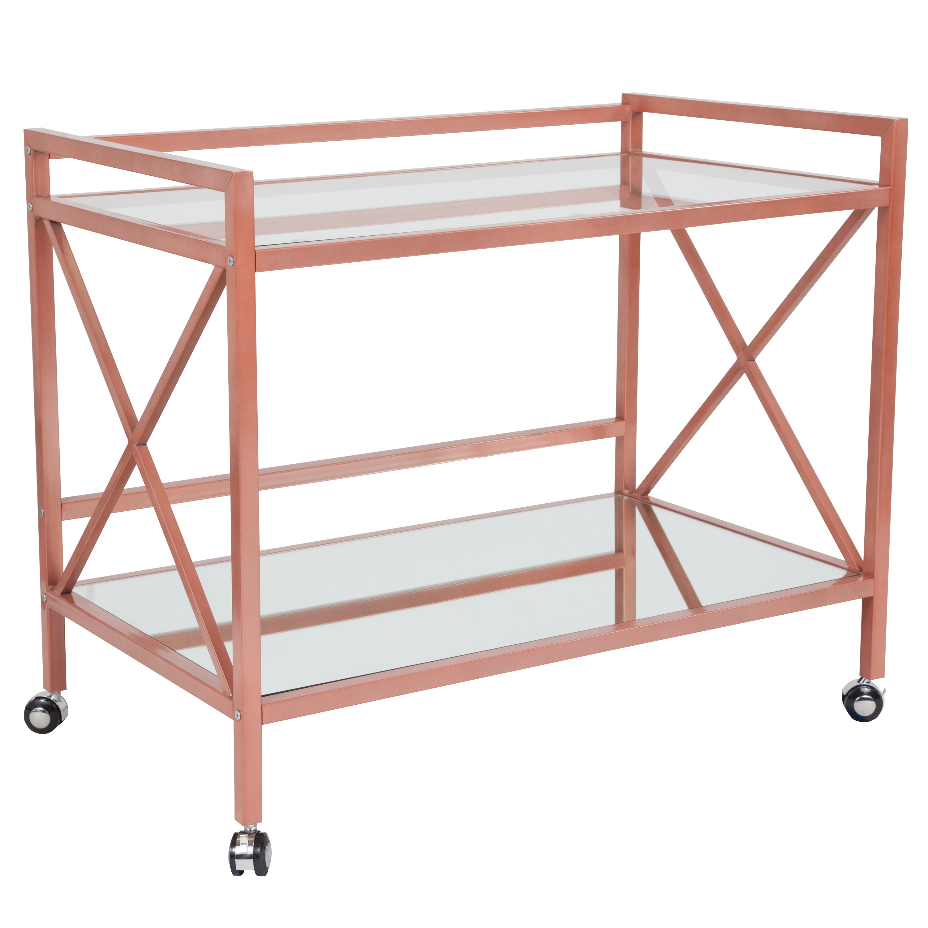 Merrick Lane Rolling Bar Cart Contemporary Kitchen Serving Cart with Mirrored Bottom Shelf and Crisscross Rose Gold Metal Frame