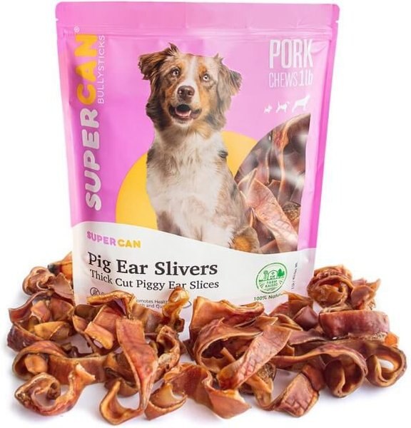 SuperCan Bully Sticks Pig Ear Sliver Dog Treats， 1-lb bag