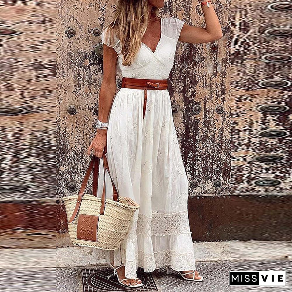 Summer Women Sexy V-Neck Short Sleeve Long Dress Fashion Elegant Embroidery Lace Party Dress Office Lady Slim Maxi Dress Vestido