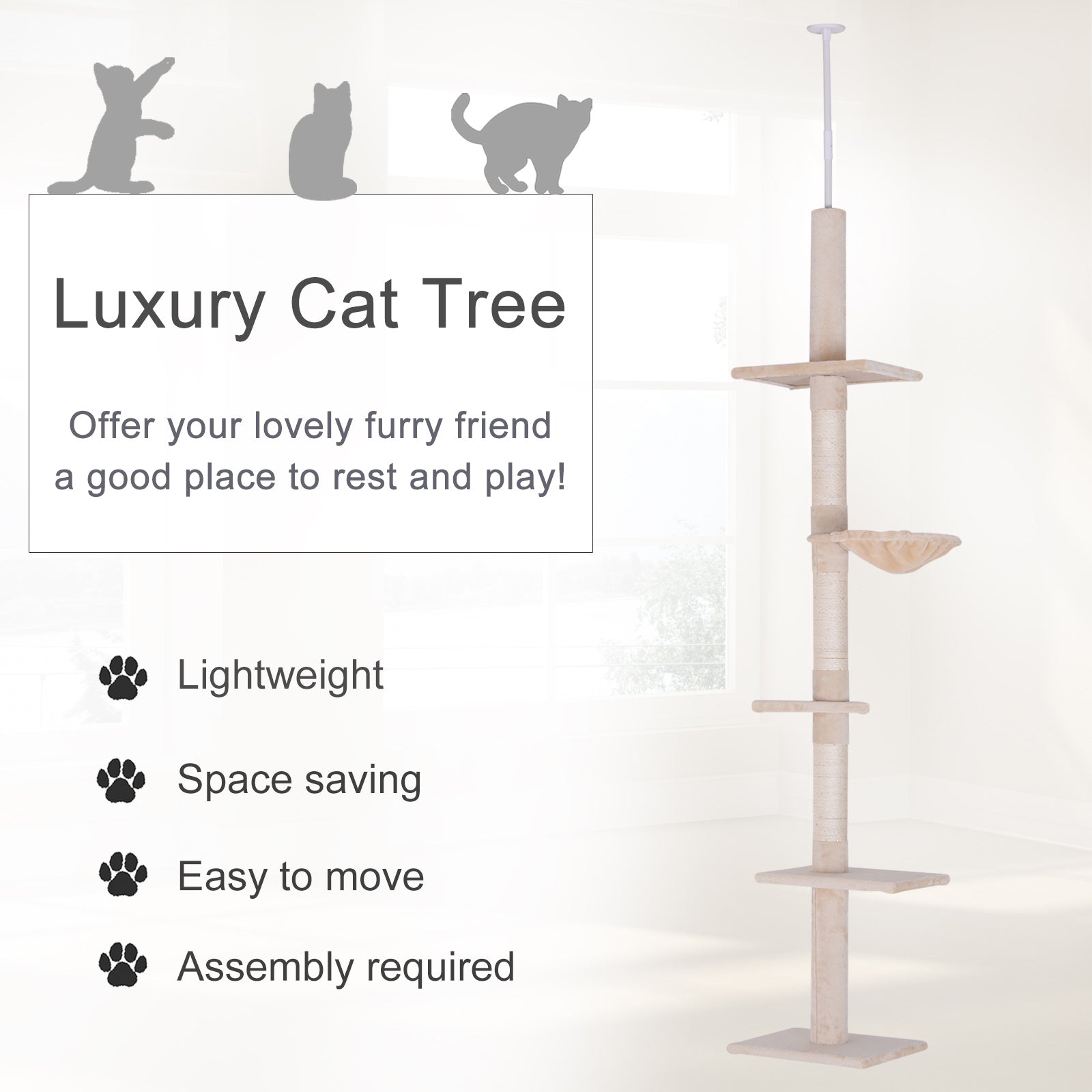 PawHut 8.5' Adjustable Floor-To-Ceiling Cat Tree w/ 5 Carpet Platforms, Beige