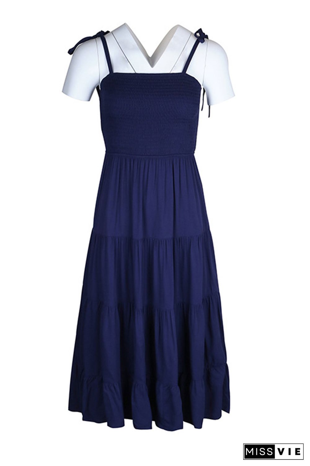 Plain Smocked Tie Strap Cami Tiered Dress