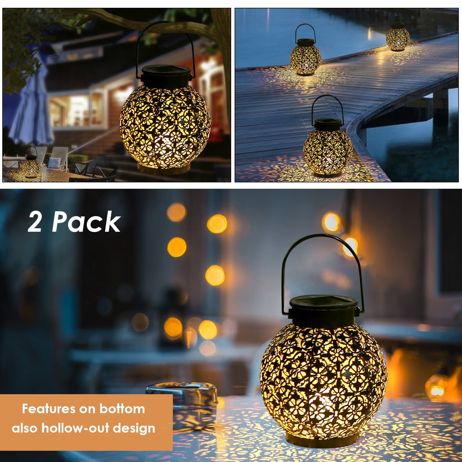 Tomshine Solar Lanterns Outdoor Waterproof Metal Hanging Solar Lights LED Decorative Light for Garden Patio 2 Pack (Bronze)