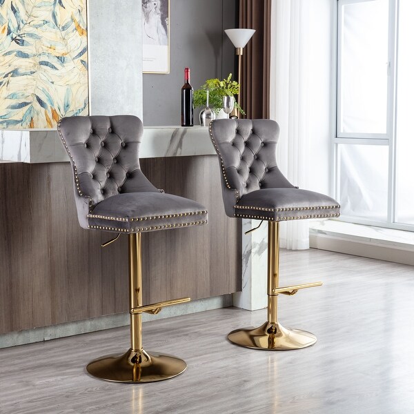 Modern Adjustable Counter Height Bar Stools， Velvet Upholstered Stool with Tufted High Back and Ring Pull for Kitchen， Set of 2