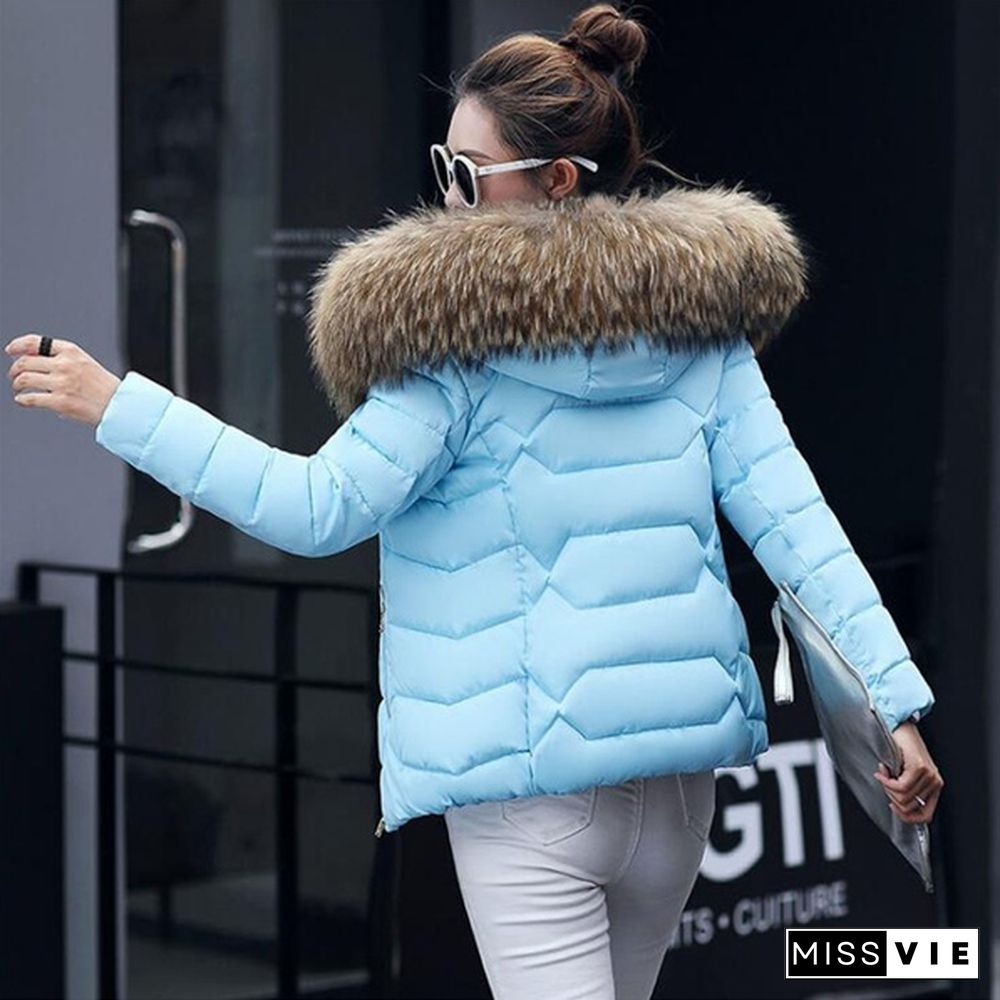 Autumn Winter New Fashion Women Short Coat Cotton-Padded Jacket Large Size Hooded Jacket Warm Cotton Female Fur Collar Hoody Parka Xs-Xxxl