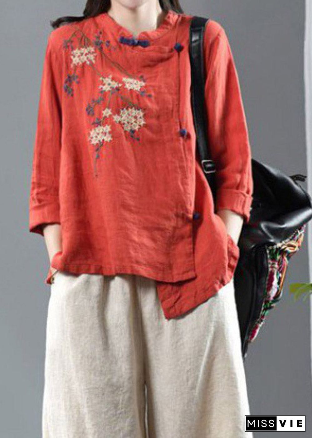 Plus Size Orange O-Neck Asymmetrical Design Button Embroideried Linen Top Long Sleeve