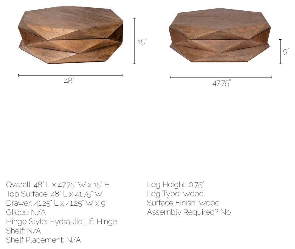 Arreto Medium Brown Solid Wood w/Storage Hexagonal Coffee Table   Transitional   Coffee Tables   by Mercana  Houzz