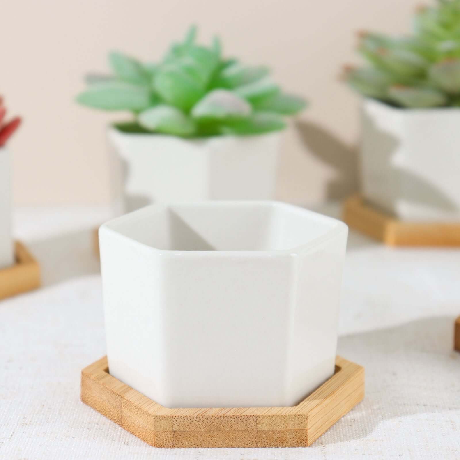 6 Pack White Geometric Hexagon Ceramic Planter Pots, Bamboo Tray Base w/ Drainage Hole, Cactus and Succulent Planters With Removable Bottom 3